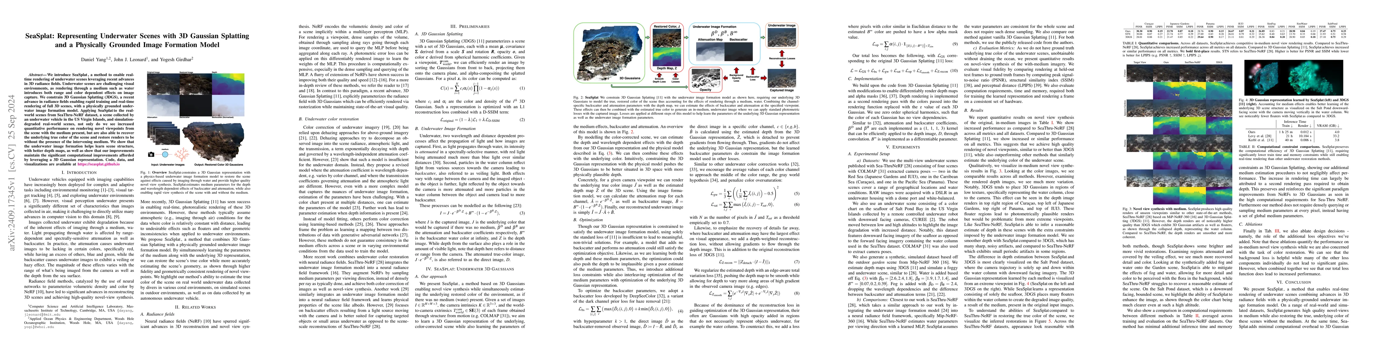 Thumbnail for SeaSplat: Representing Underwater Scenes with 3D Gaussian Splatting and
  a Physically Grounded Image Formation Model