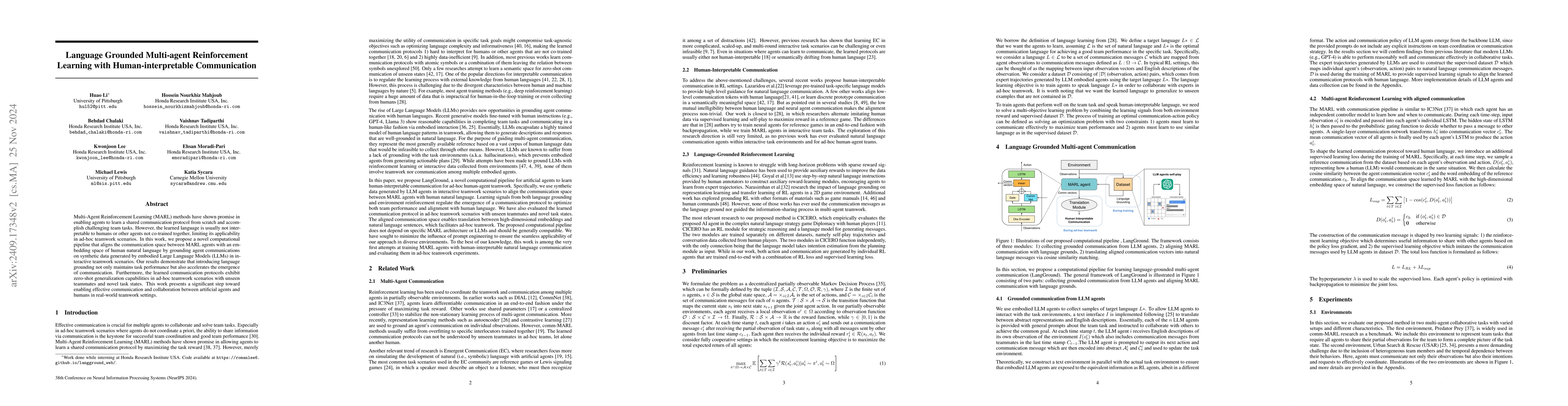 Thumbnail for Language Grounded Multi-agent Reinforcement Learning with
  Human-interpretable Communication