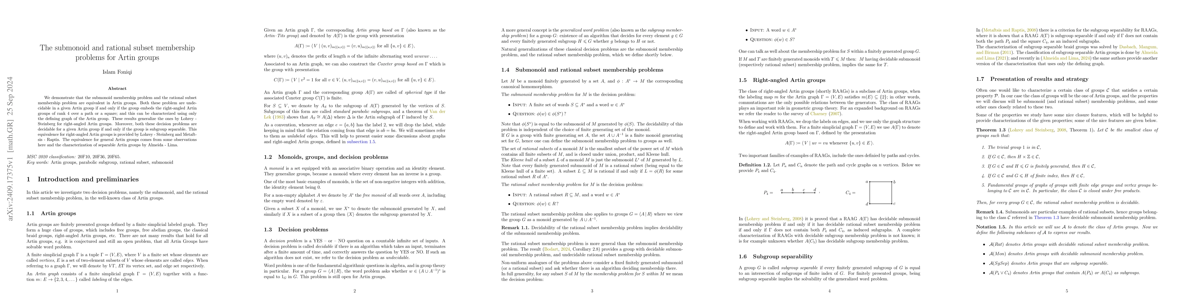Thumbnail for The submonoid and rational subset membership problems for Artin groups
