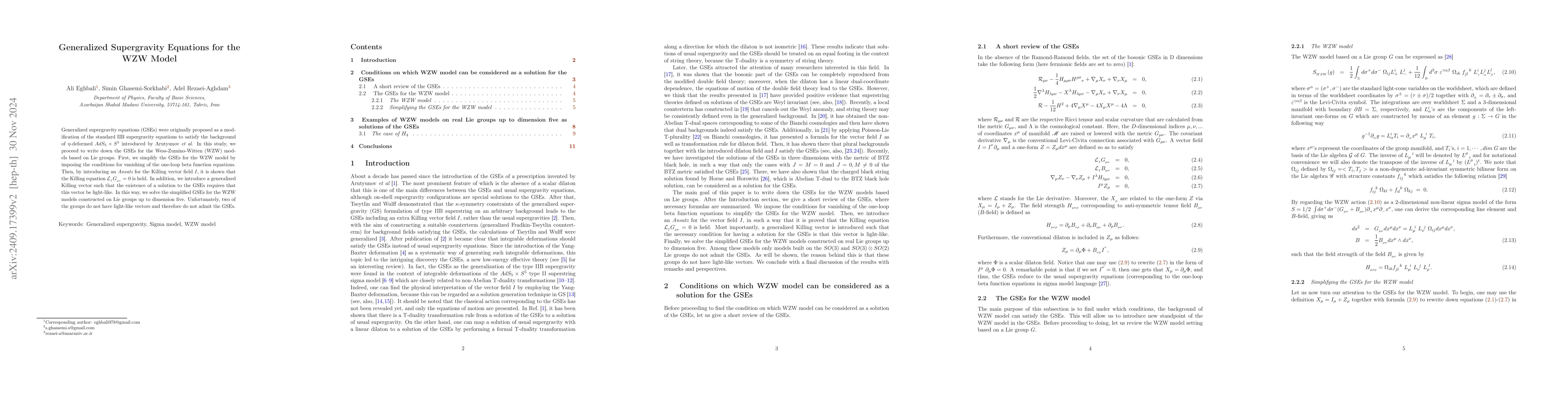 Thumbnail for Generalized Supergravity Equations for the WZW Model