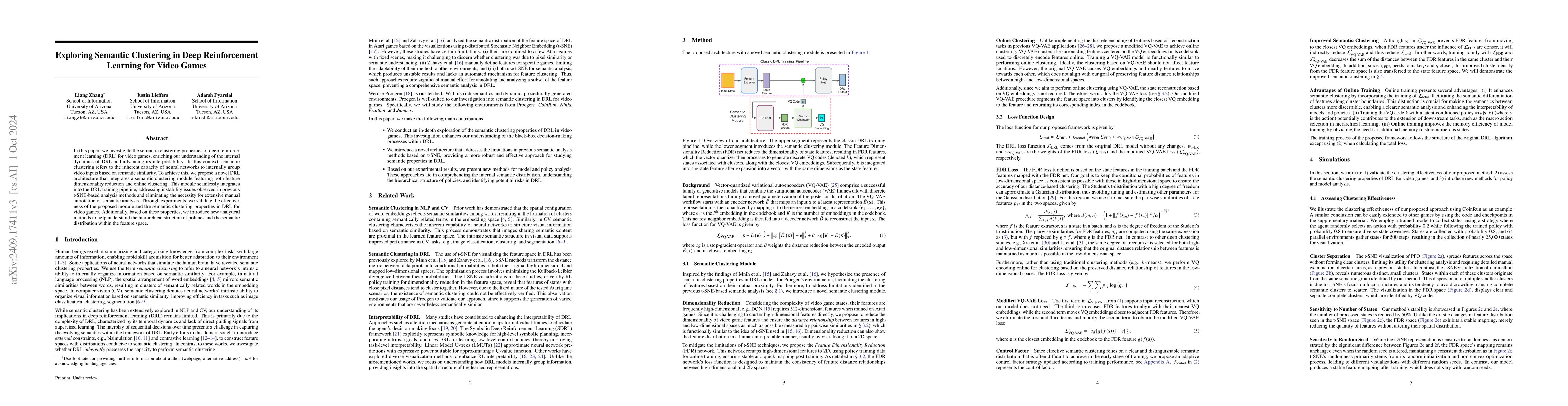 Thumbnail for Exploring Semantic Clustering in Deep Reinforcement Learning for Video
  Games