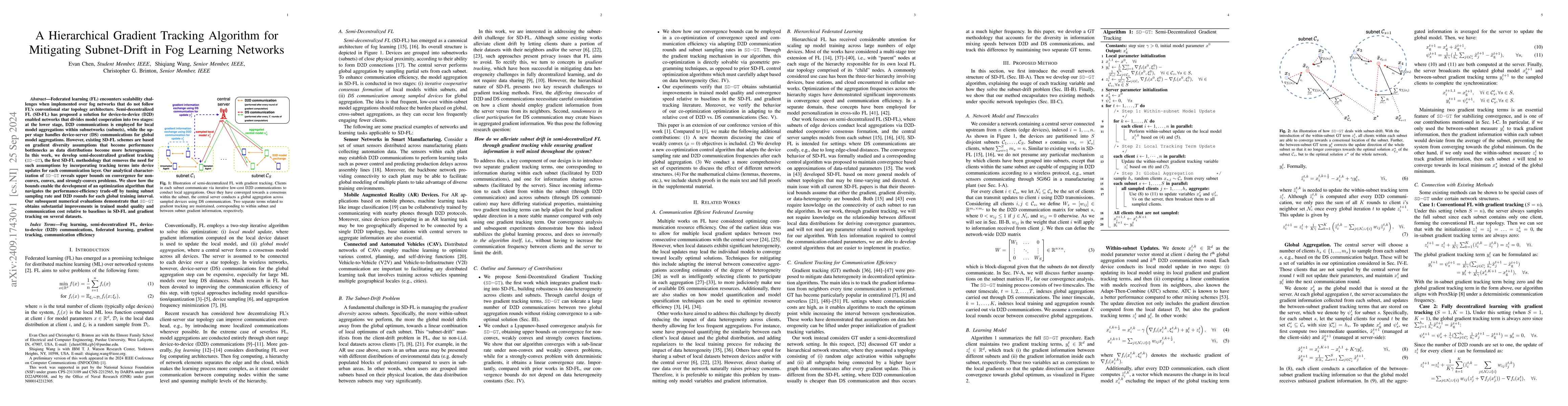 Thumbnail for A Hierarchical Gradient Tracking Algorithm for Mitigating Subnet-Drift
  in Fog Learning Networks