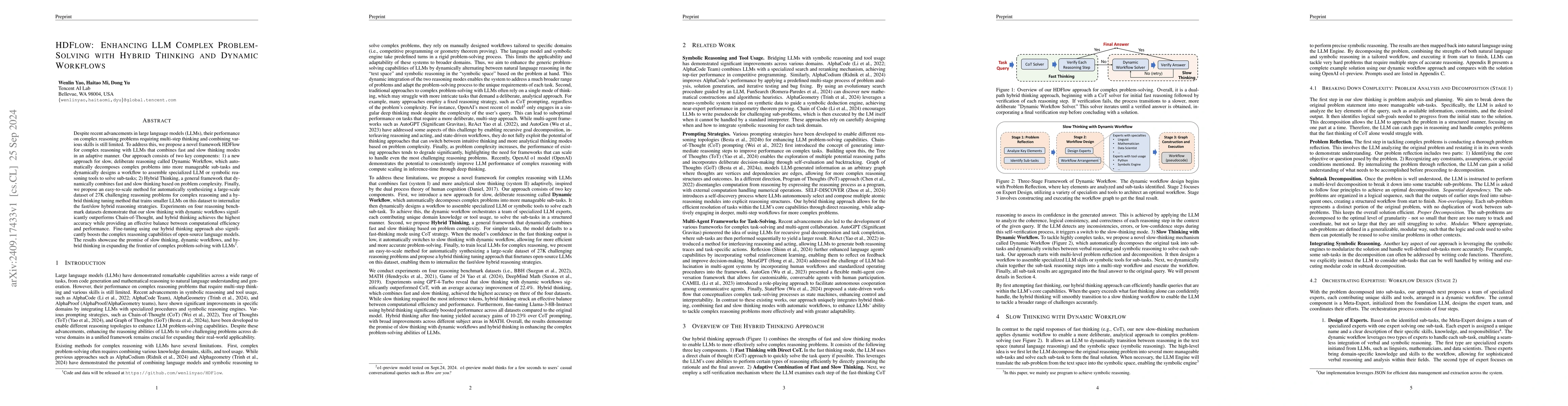 Thumbnail for HDFlow: Enhancing LLM Complex Problem-Solving with Hybrid Thinking and
  Dynamic Workflows