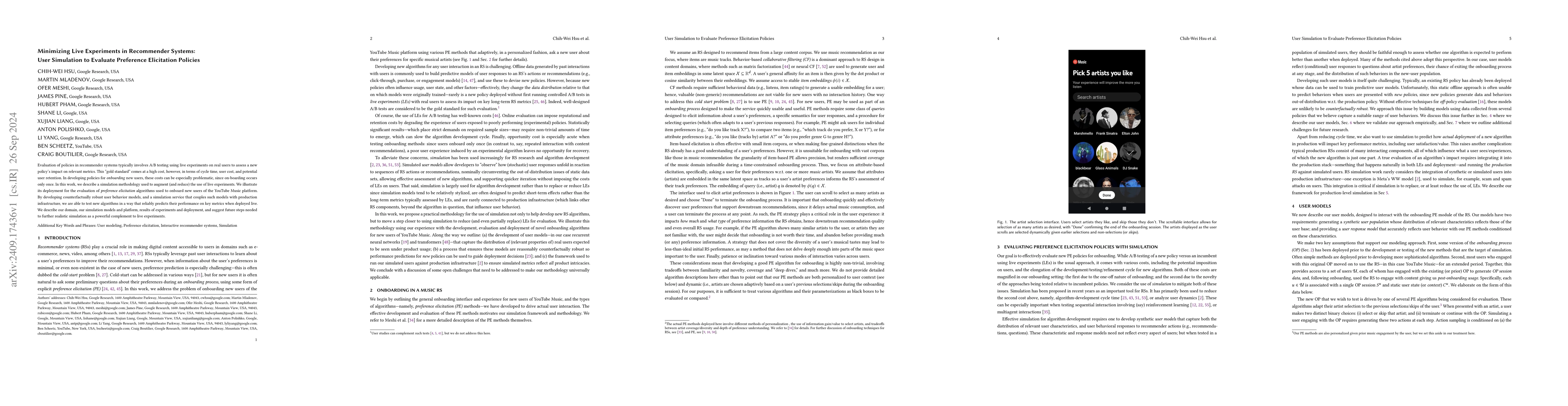 Thumbnail for Minimizing Live Experiments in Recommender Systems: User Simulation to
  Evaluate Preference Elicitation Policies