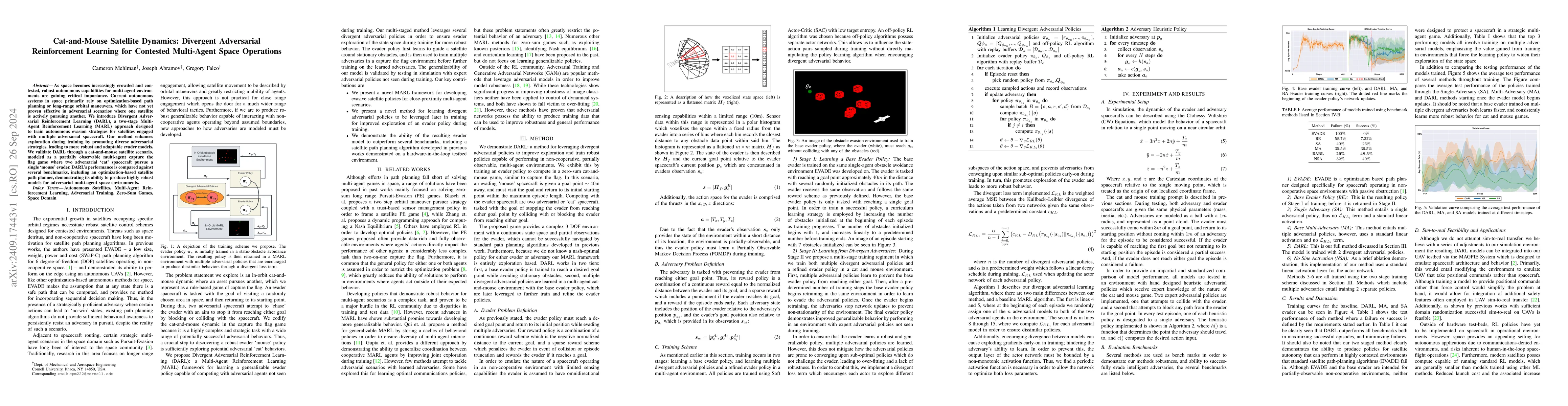 Thumbnail for Cat-and-Mouse Satellite Dynamics: Divergent Adversarial Reinforcement
  Learning for Contested Multi-Agent Space Operations