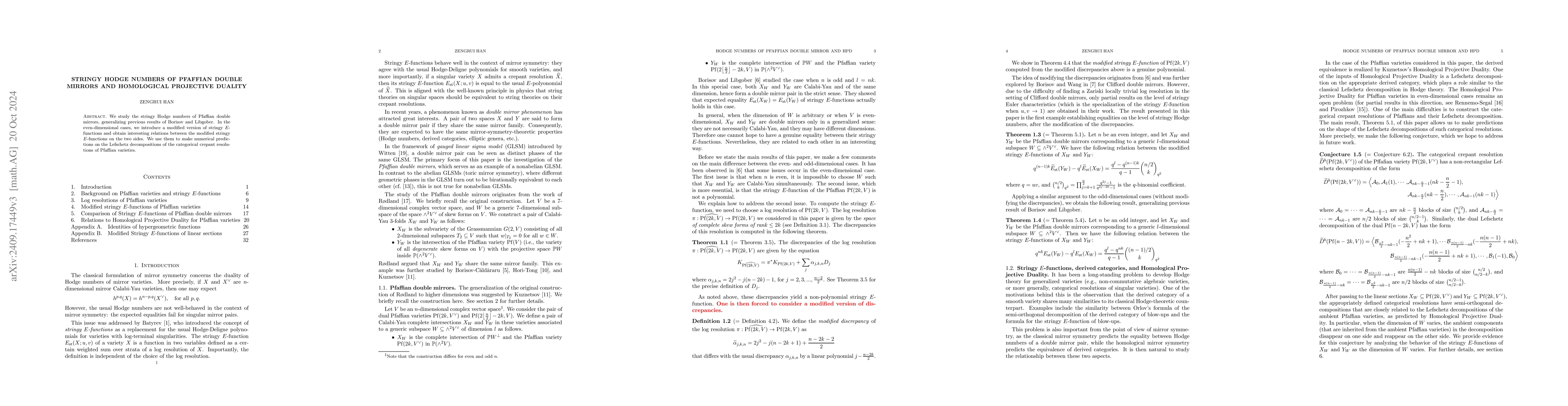 Thumbnail for Stringy Hodge numbers of Pfaffian double mirrors and Homological
  Projective Duality