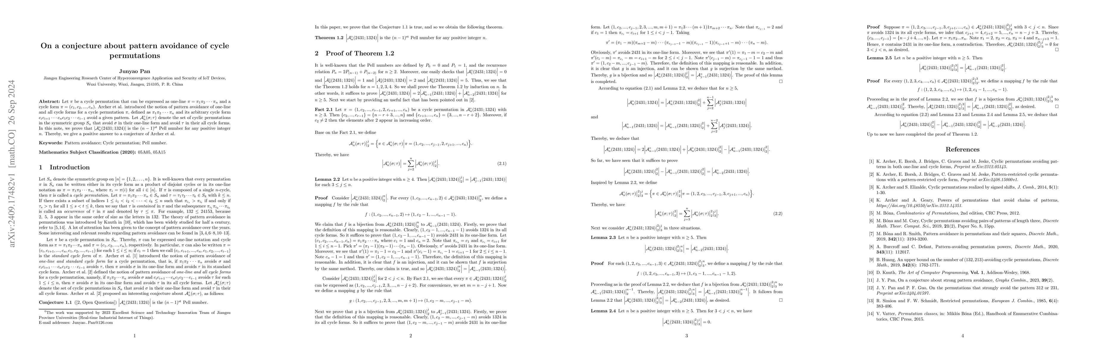 Thumbnail for On a conjecture about pattern avoidance of cycle permutations
