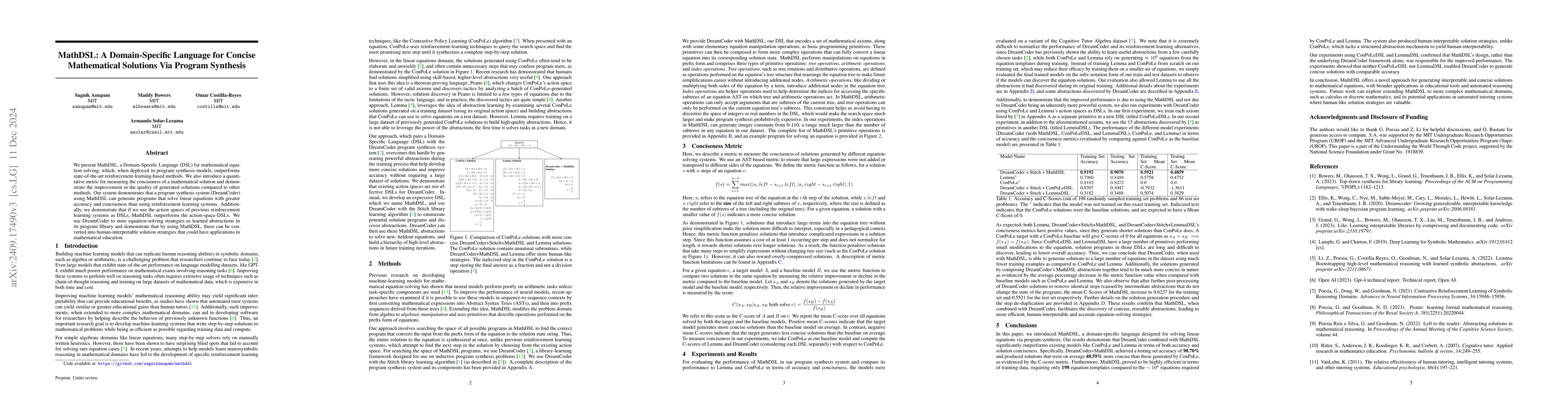 Thumbnail for MathDSL: A Domain-Specific Language for Concise Mathematical Solutions
  Via Program Synthesis