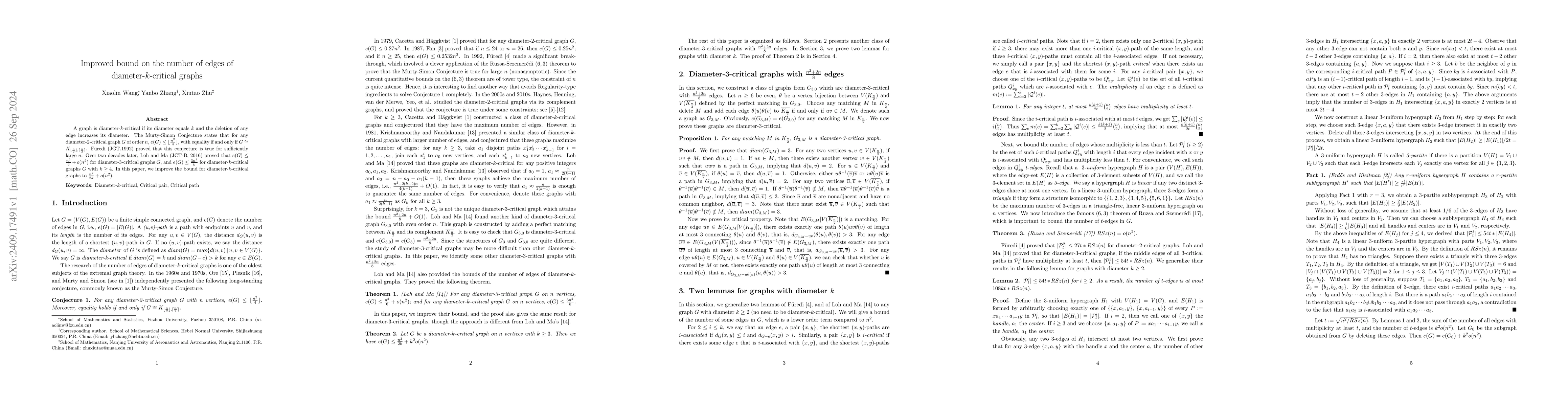 Thumbnail for Improved bound on the number of edges of diameter-$k$-critical graphs