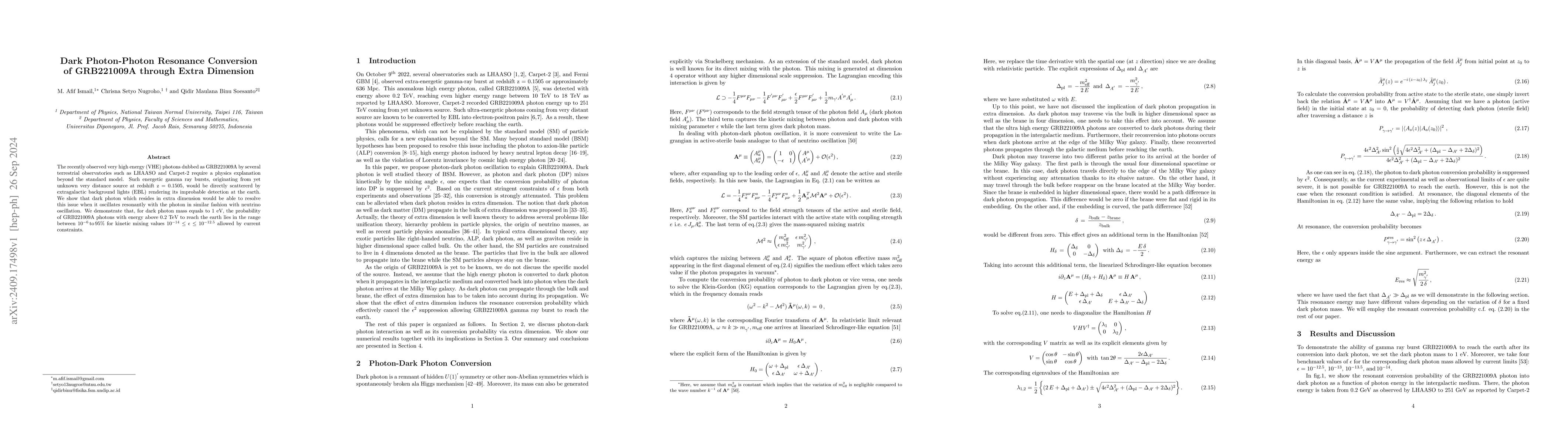 Thumbnail for Dark Photon-Photon Resonance Conversion of GRB221009A through Extra
  Dimension