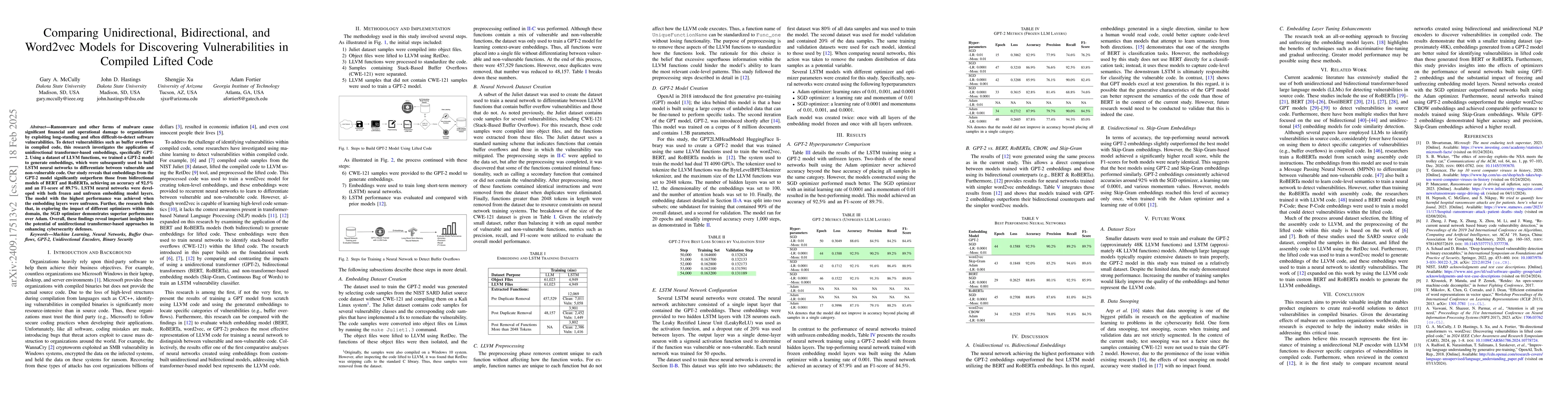 Thumbnail for Comparing Unidirectional, Bidirectional, and Word2vec Models for
  Discovering Vulnerabilities in Compiled Lifted Code