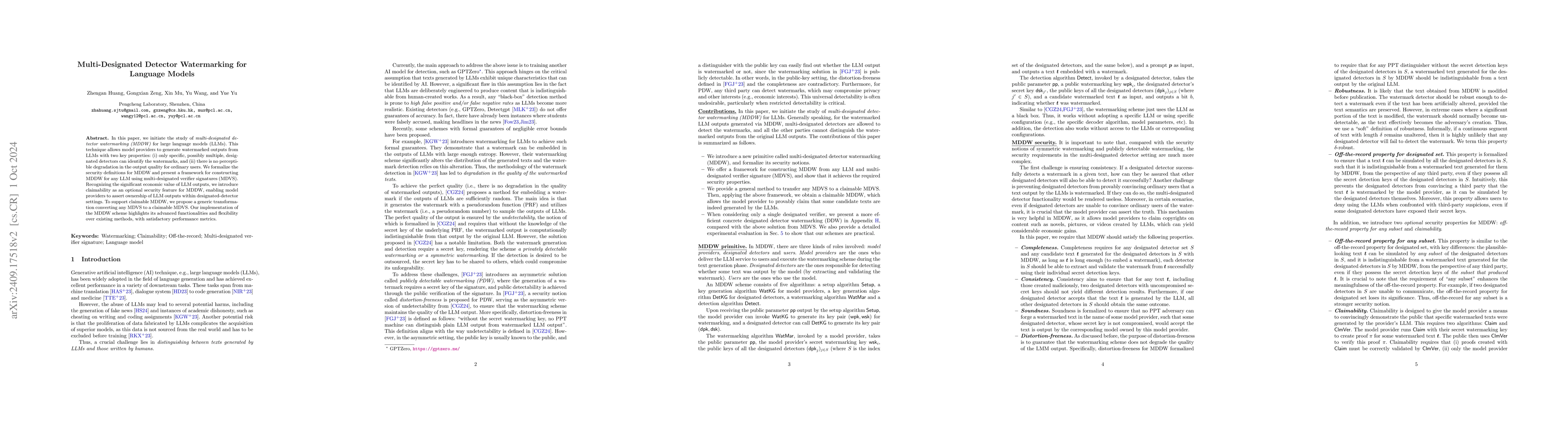 Thumbnail for Multi-Designated Detector Watermarking for Language Models