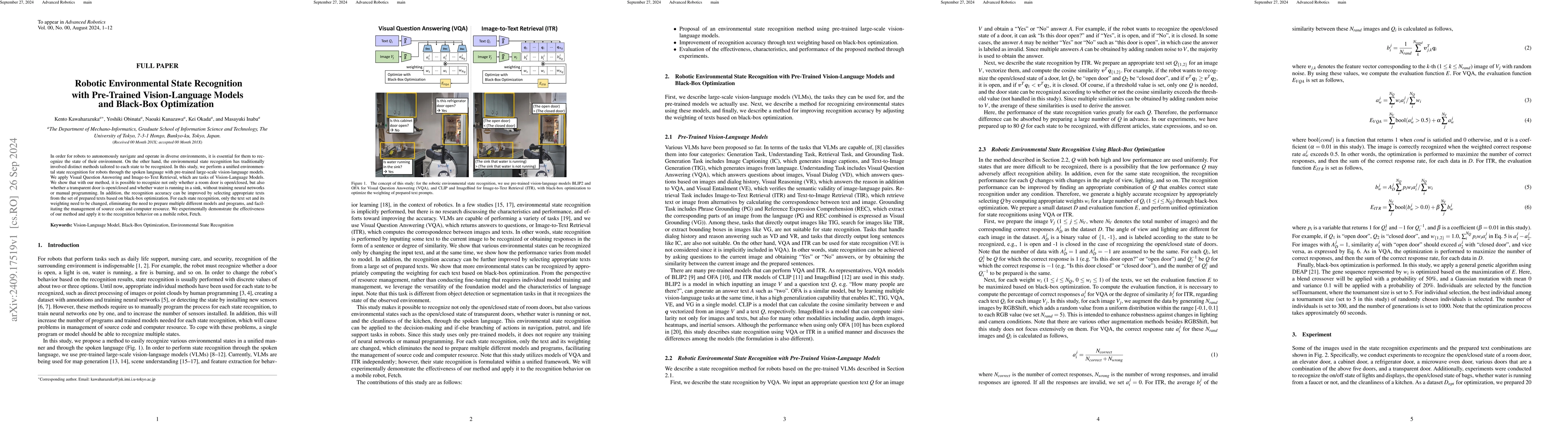 Thumbnail for Robotic Environmental State Recognition with Pre-Trained Vision-Language
  Models and Black-Box Optimization