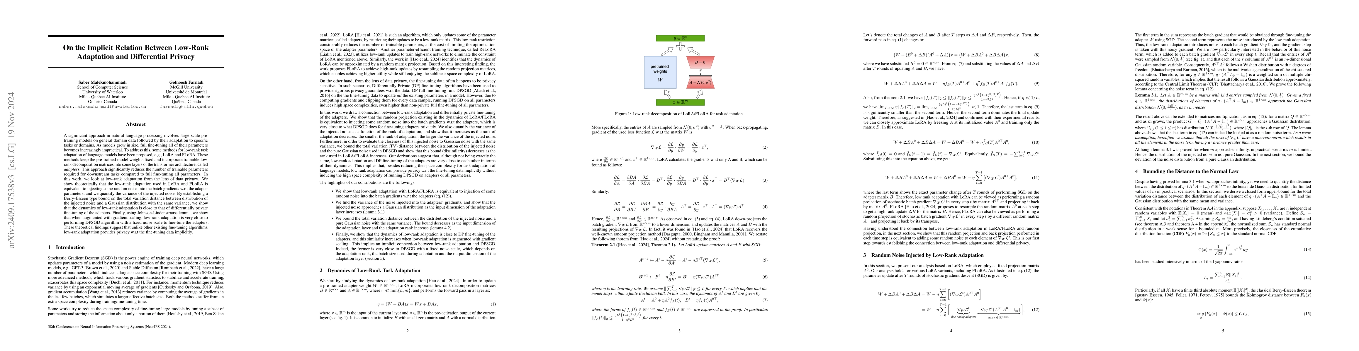 Thumbnail for On the Implicit Relation Between Low-Rank Adaptation and Differential
  Privacy