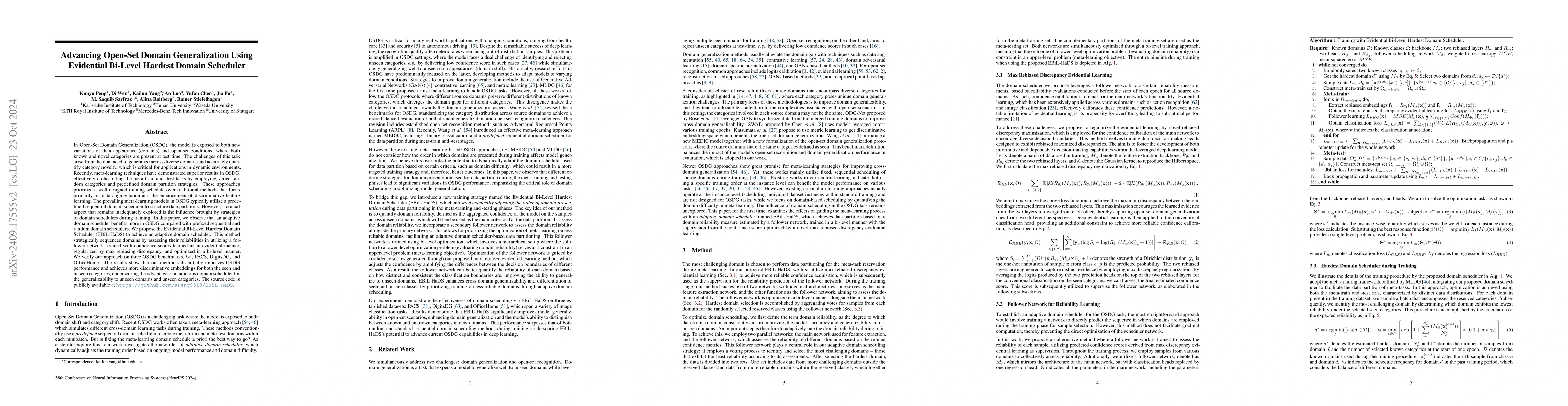 Thumbnail for Advancing Open-Set Domain Generalization Using Evidential Bi-Level
  Hardest Domain Scheduler