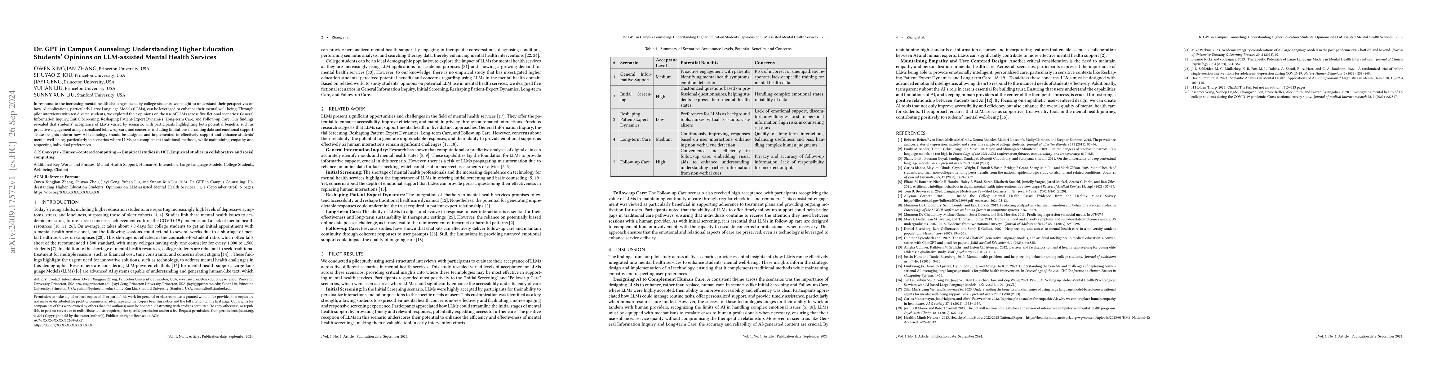 Thumbnail for Dr. GPT in Campus Counseling: Understanding Higher Education Students'
  Opinions on LLM-assisted Mental Health Services