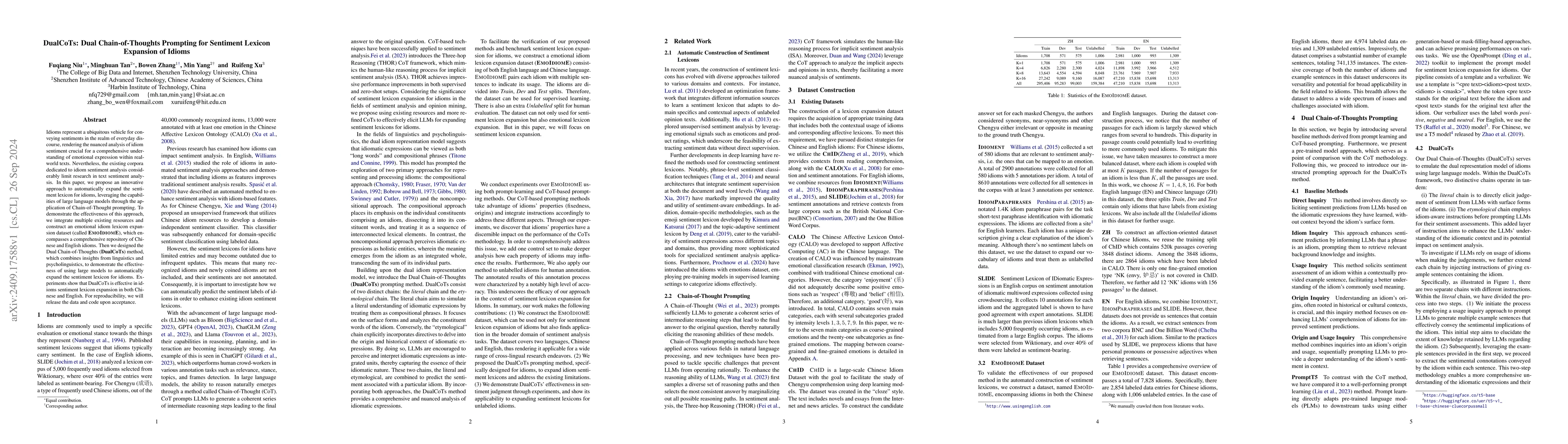 Thumbnail for DualCoTs: Dual Chain-of-Thoughts Prompting for Sentiment Lexicon
  Expansion of Idioms