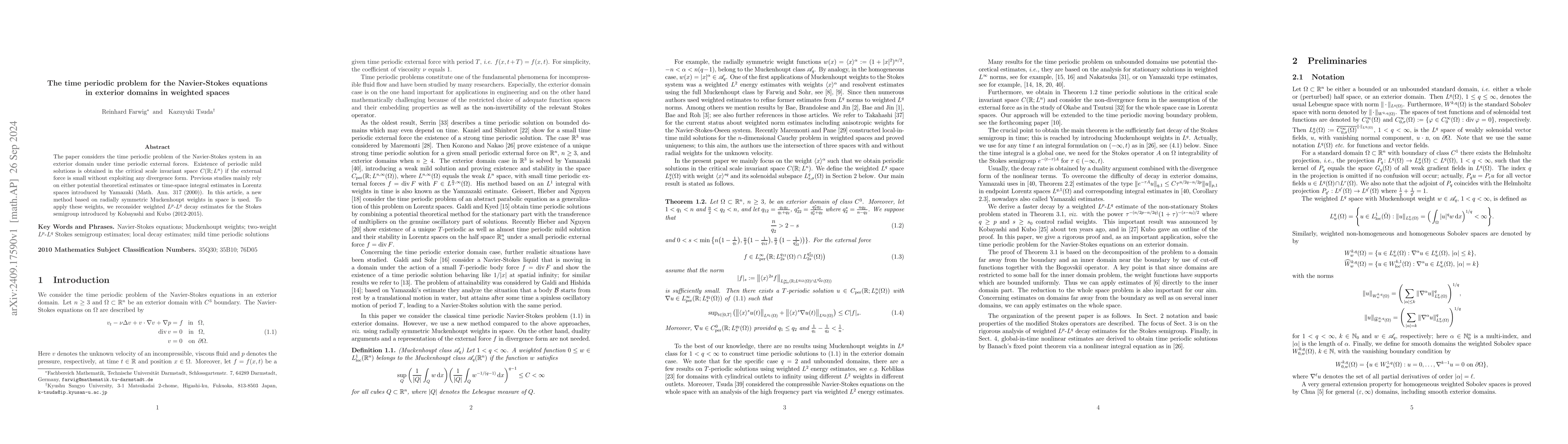 Thumbnail for The time periodic problem for the Navier-Stokes equations in exterior
  domains in weighted spaces