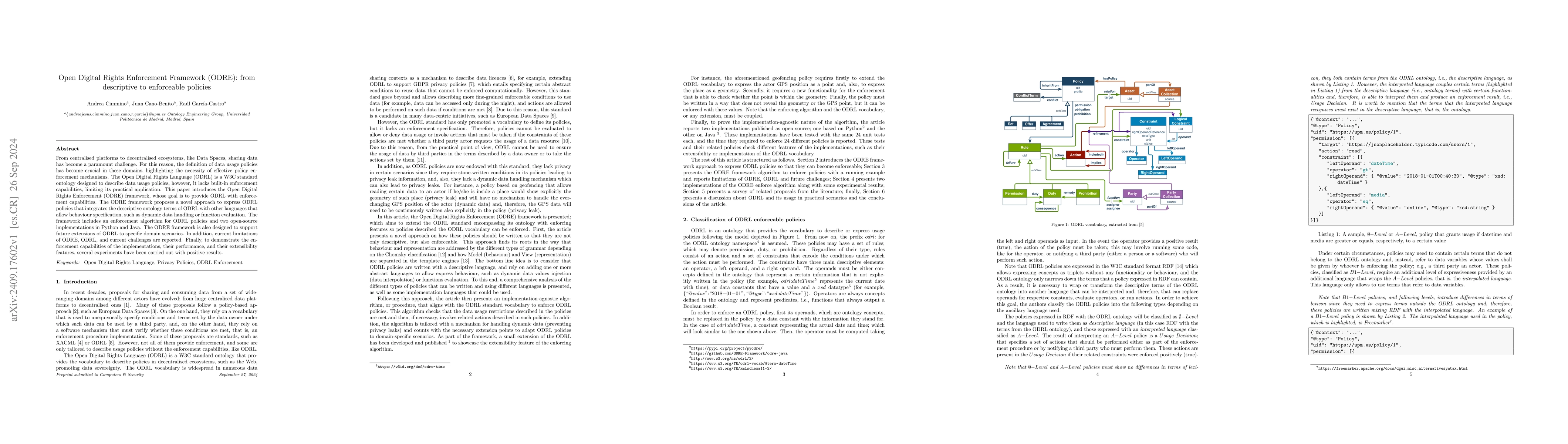 Thumbnail for Open Digital Rights Enforcement Framework (ODRE): from descriptive to
  enforceable policies