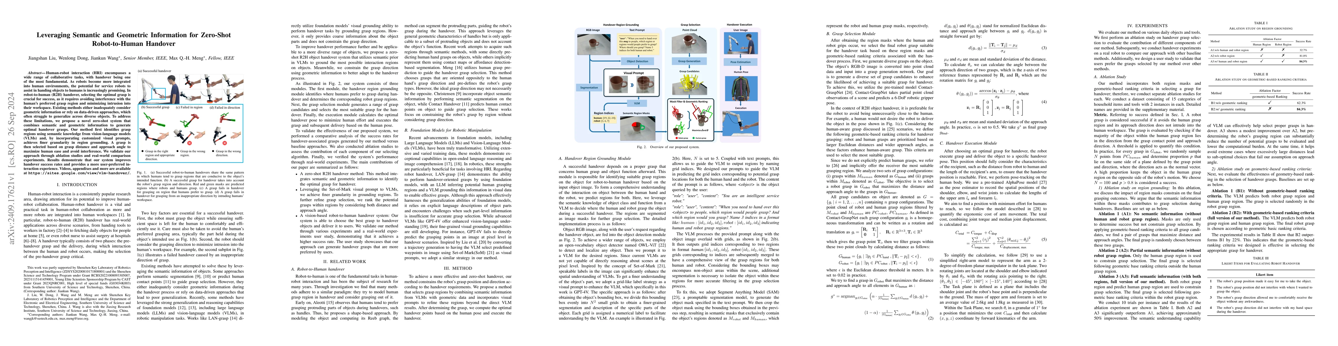 Thumbnail for Leveraging Semantic and Geometric Information for Zero-Shot
  Robot-to-Human Handover