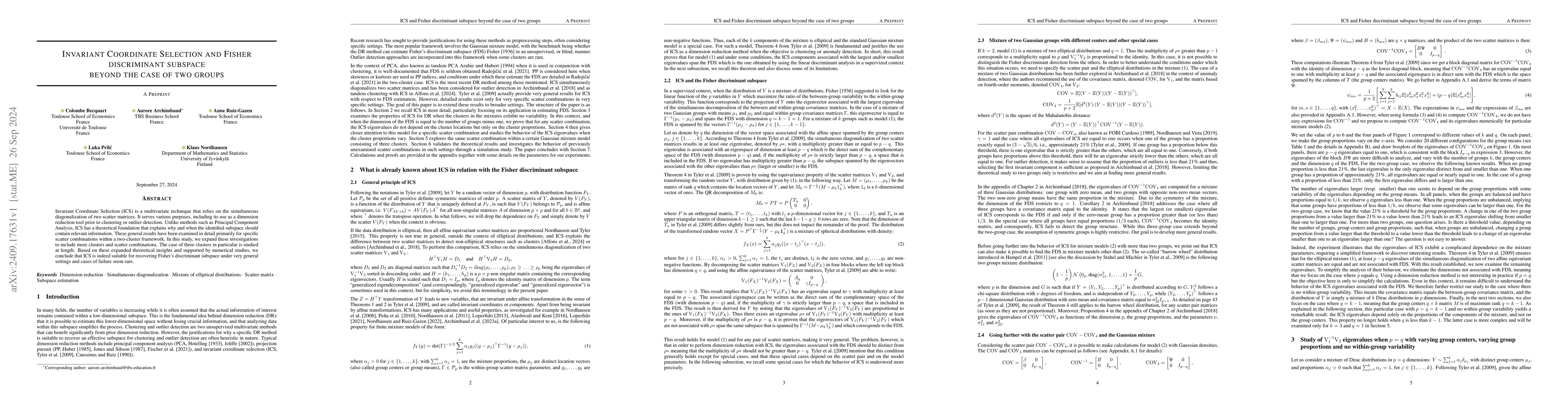 Thumbnail for Invariant Coordinate Selection and Fisher discriminant subspace beyond
  the case of two groups