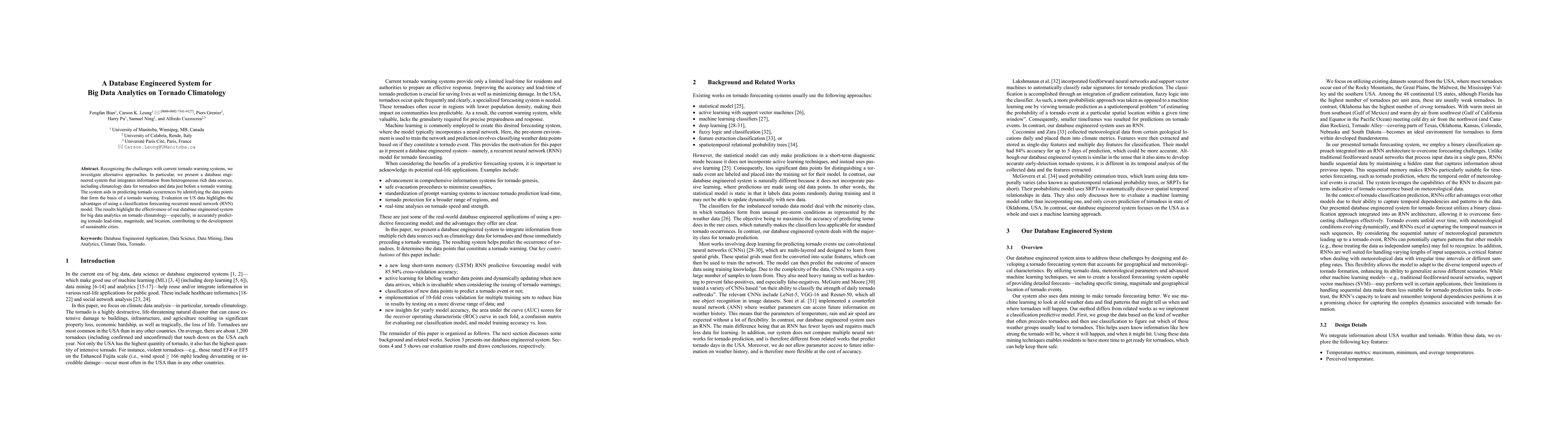 Thumbnail for A Database Engineered System for Big Data Analytics on Tornado
  Climatology