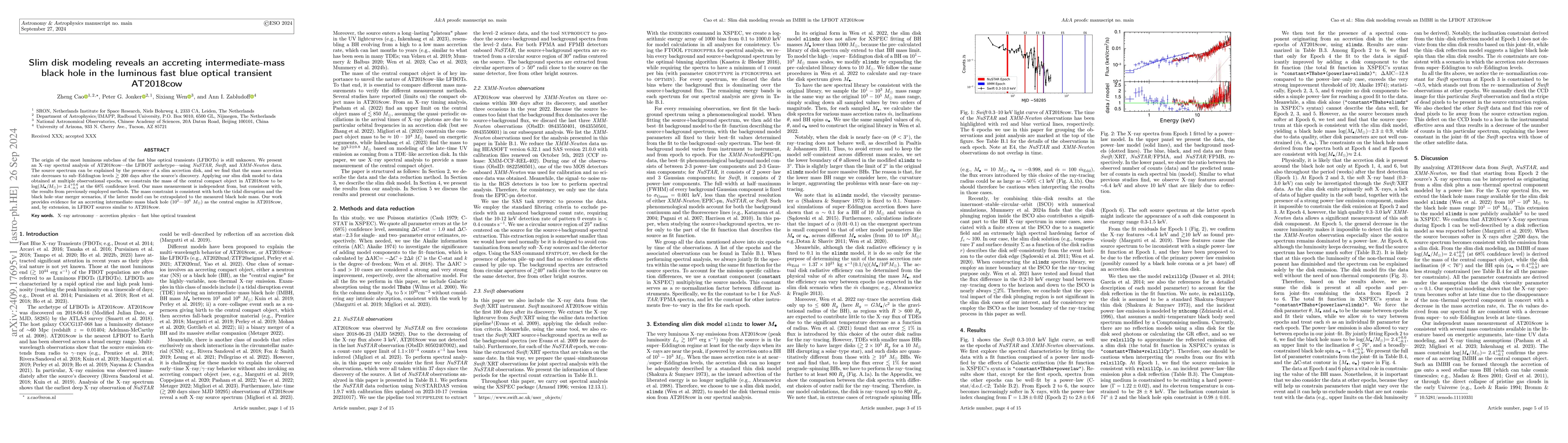Thumbnail for Slim disk modeling reveals an accreting intermediate-mass black hole in
  the luminous fast blue optical transient AT2018cow