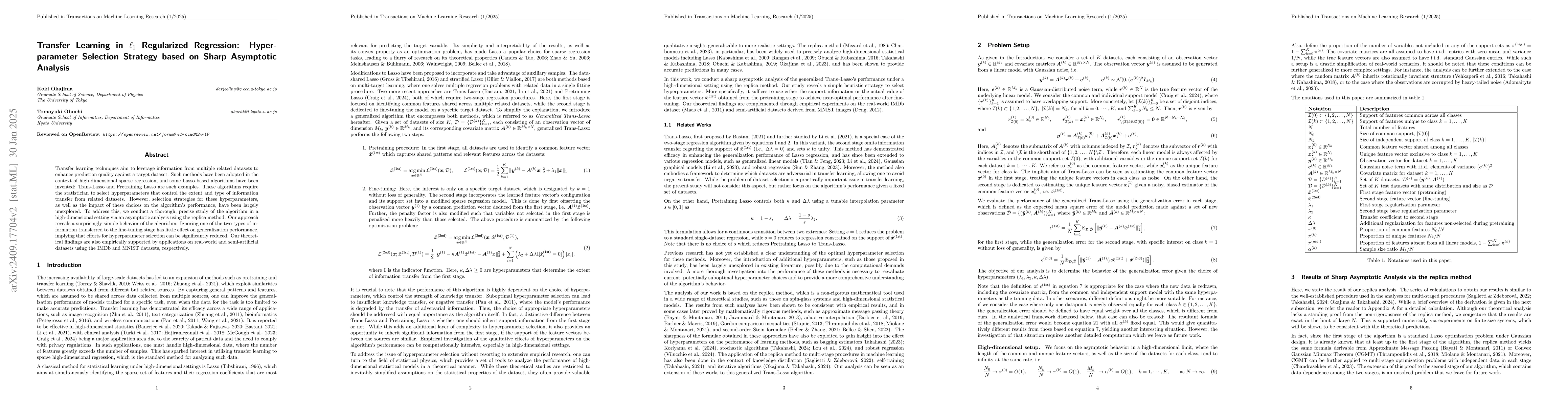 Thumbnail for Transfer Learning in $\ell_1$ Regularized Regression: Hyperparameter
  Selection Strategy based on Sharp Asymptotic Analysis