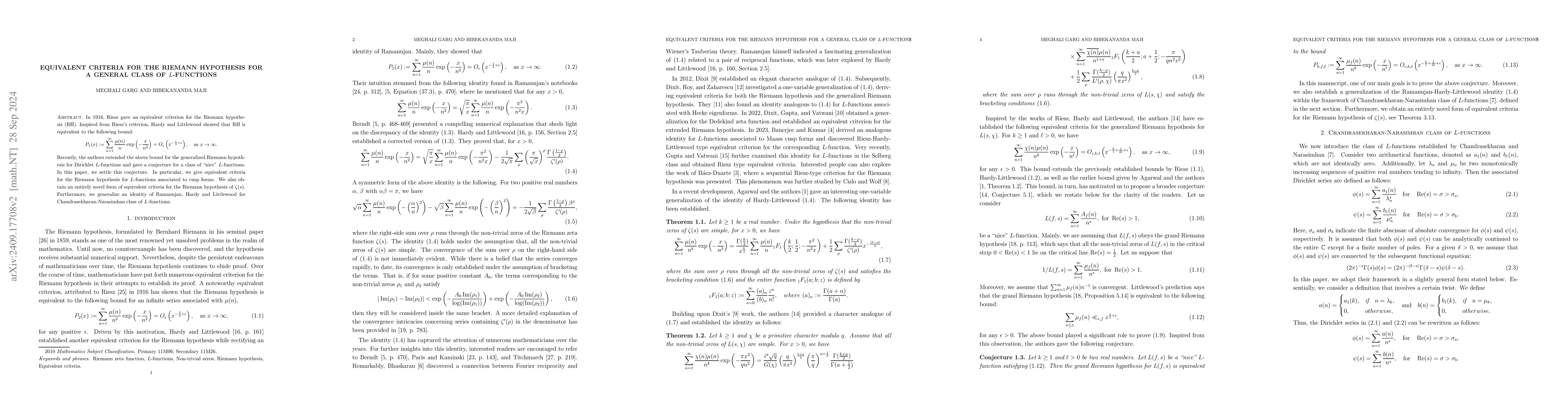 Thumbnail for Equivalent criteria for the Riemann hypothesis for a general class of
  $L$-functions