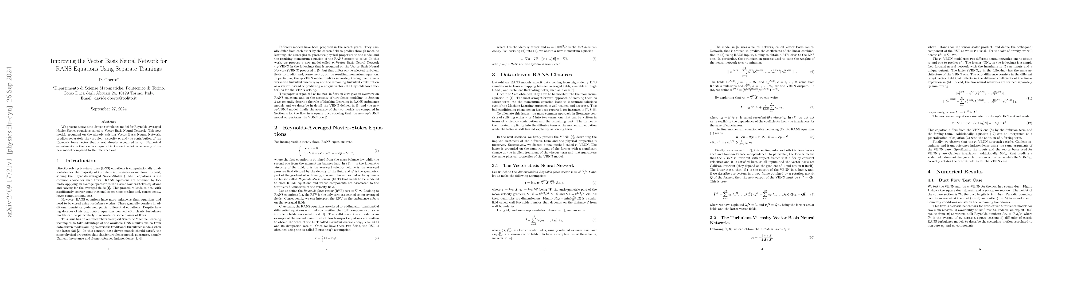 Thumbnail for Improving the Vector Basis Neural Network for RANS Equations Using
  Separate Trainings