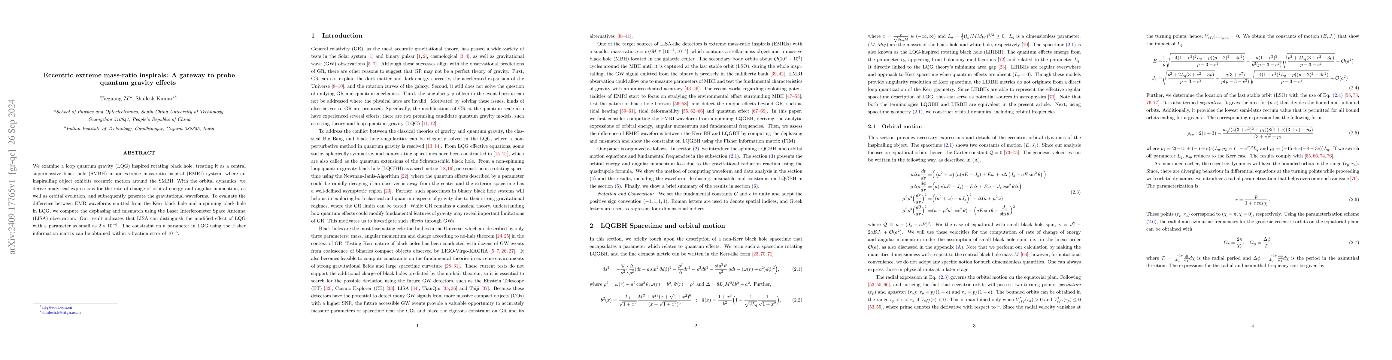 Thumbnail for Eccentric extreme mass-ratio inspirals: A gateway to probe quantum
  gravity effects