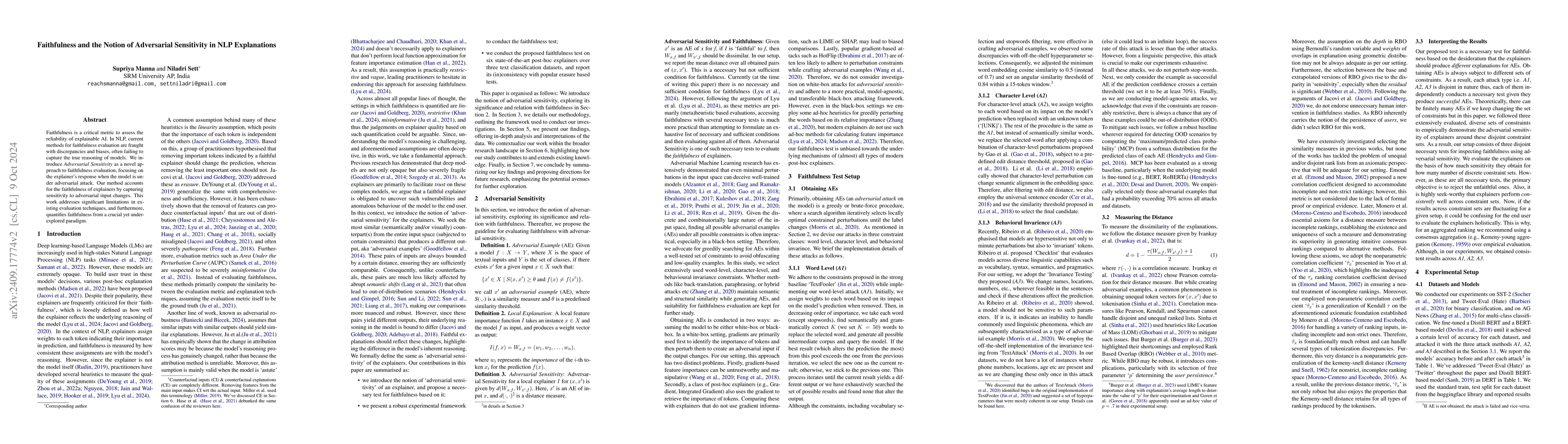Thumbnail for Faithfulness and the Notion of Adversarial Sensitivity in NLP
  Explanations