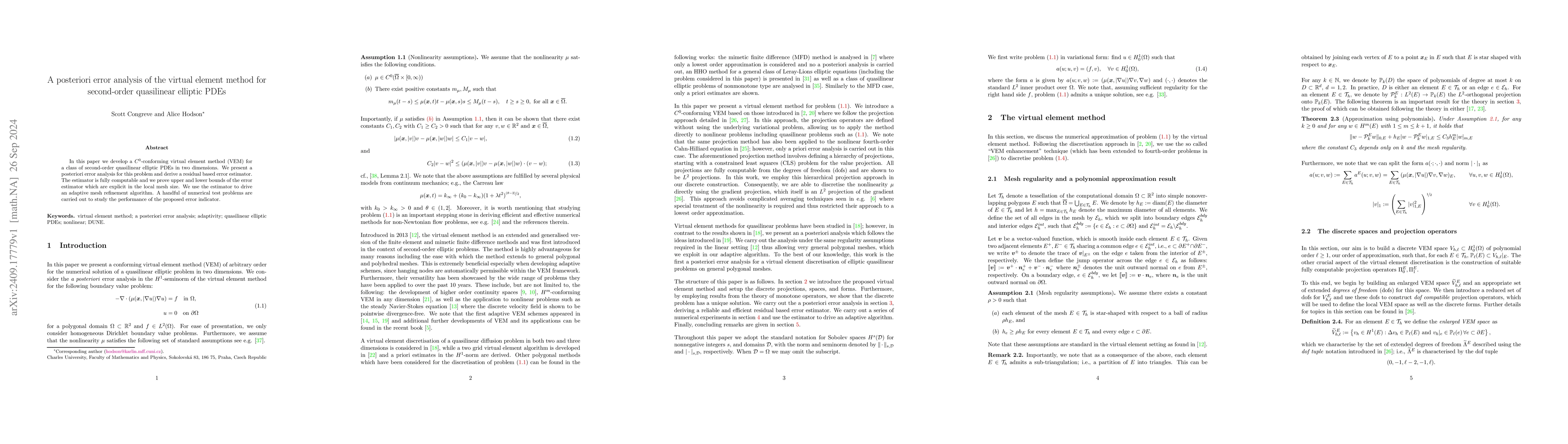 Thumbnail for A posteriori error analysis of the virtual element method for
  second-order quasilinear elliptic PDEs