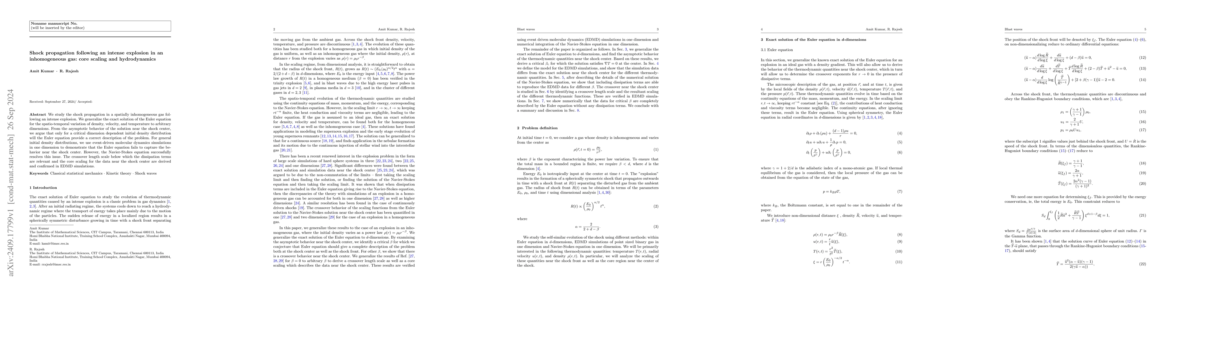 Thumbnail for Shock propagation following an intense explosion in an inhomogeneous
  gas: core scaling and hydrodynamics