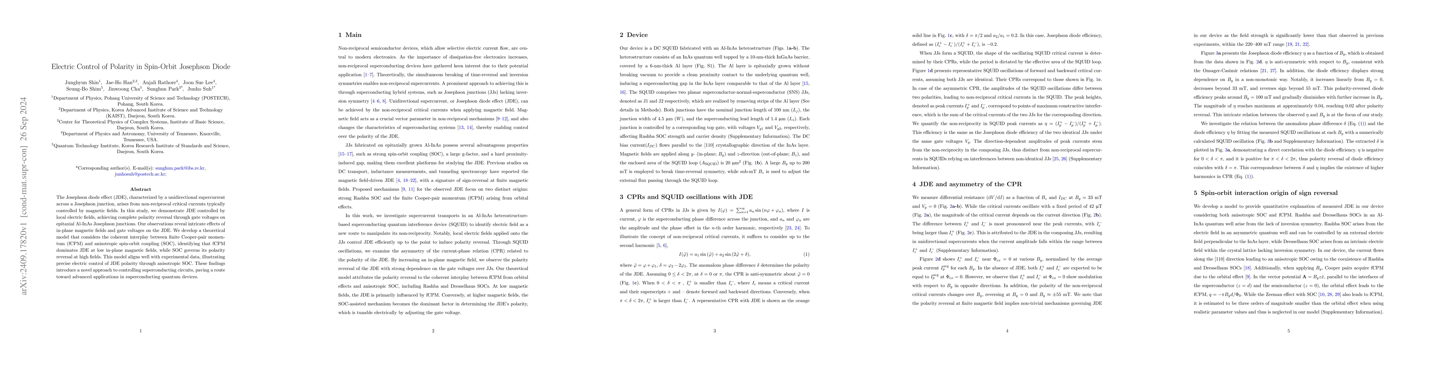 Thumbnail for Electric Control of Polarity in Spin-Orbit Josephson Diode