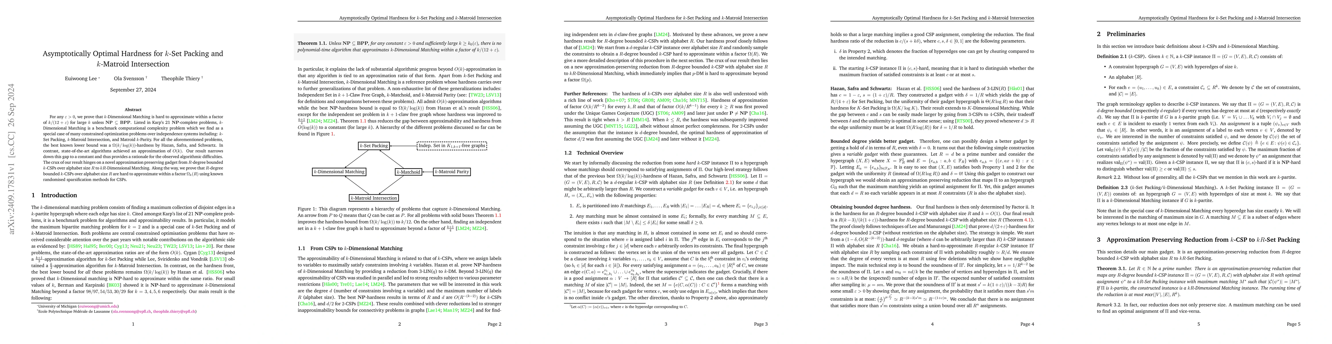 Thumbnail for Asymptotically Optimal Hardness for $k$-Set Packing and $k$-Matroid
  Intersection