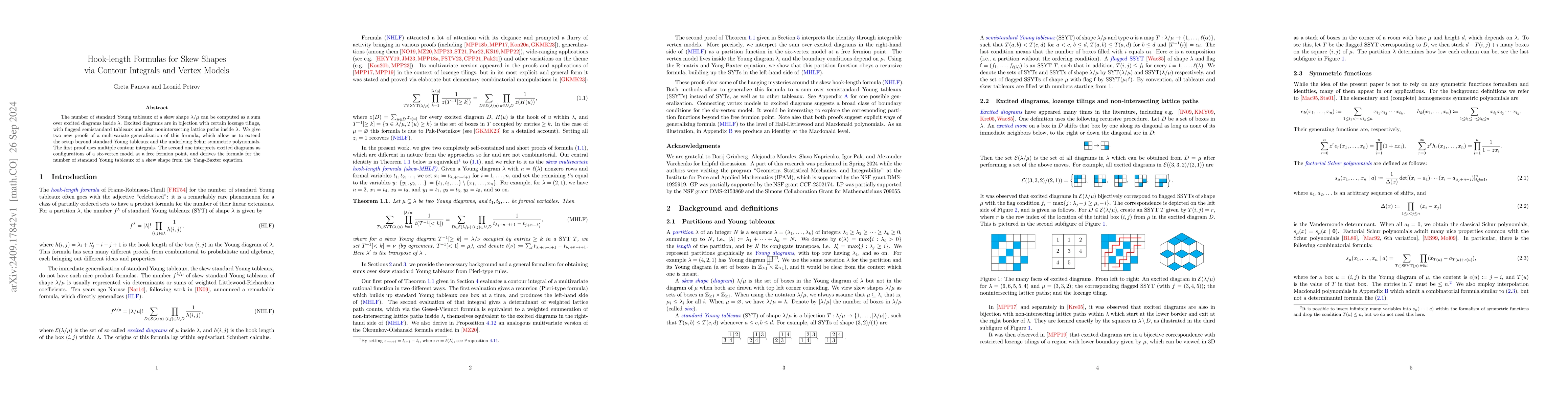 Thumbnail for Hook-length Formulas for Skew Shapes via Contour Integrals and Vertex
  Models