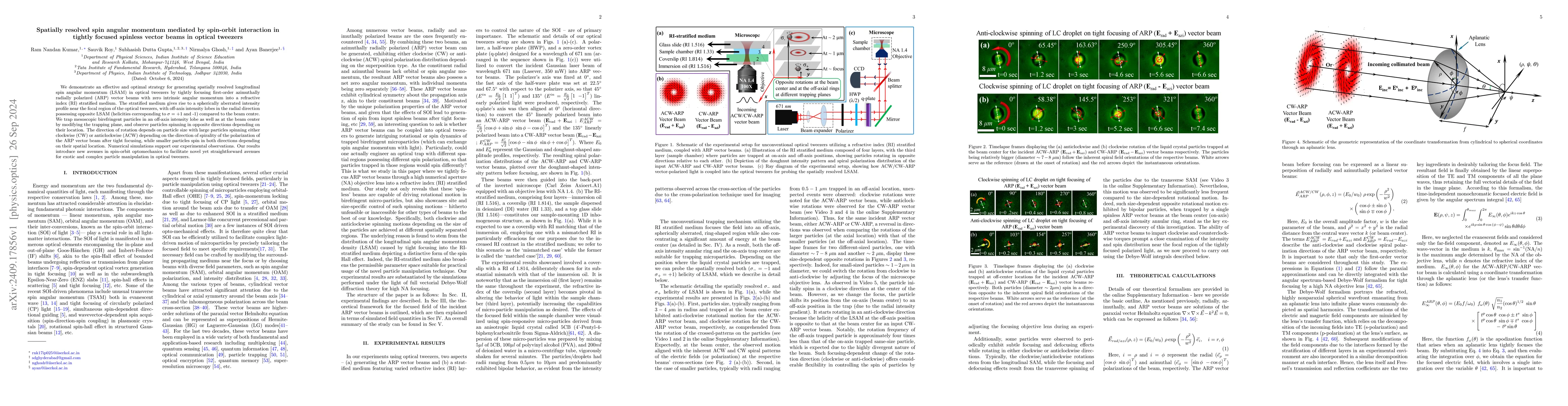 Thumbnail for Spatially resolved spin angular momentum mediated by spin-orbit
  interaction in tightly focused spinless vector beams in optical tweezers