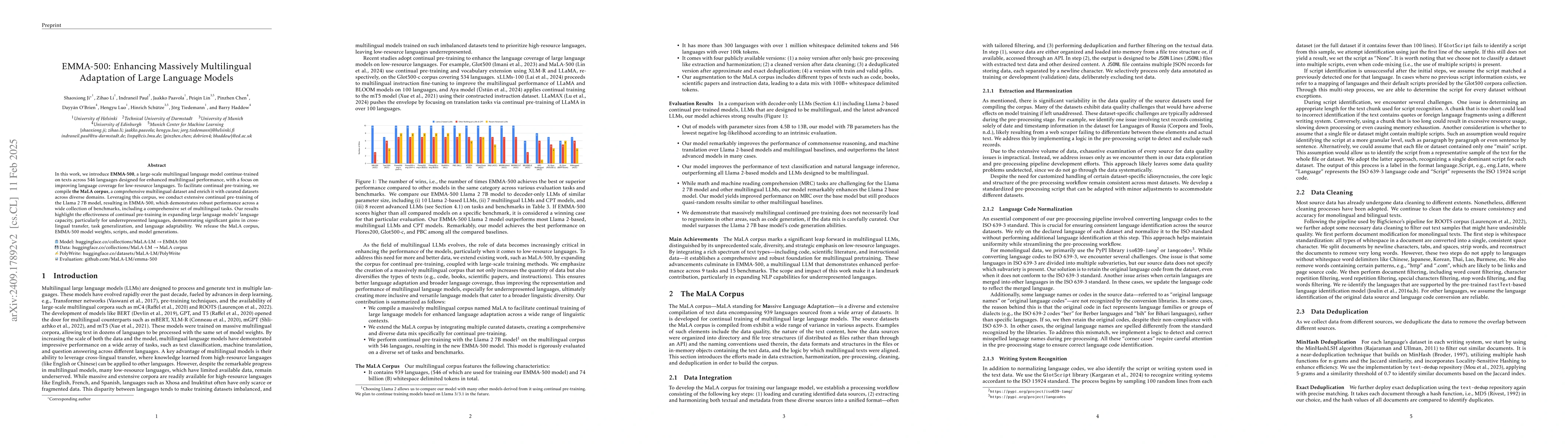 Thumbnail for EMMA-500: Enhancing Massively Multilingual Adaptation of Large Language
  Models