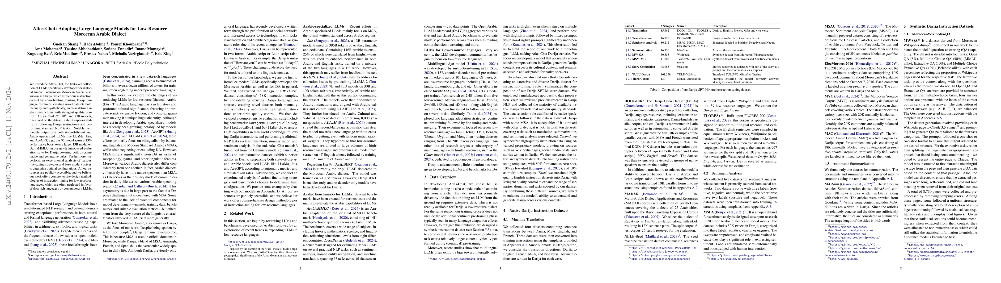 Thumbnail for Atlas-Chat: Adapting Large Language Models for Low-Resource Moroccan
  Arabic Dialect