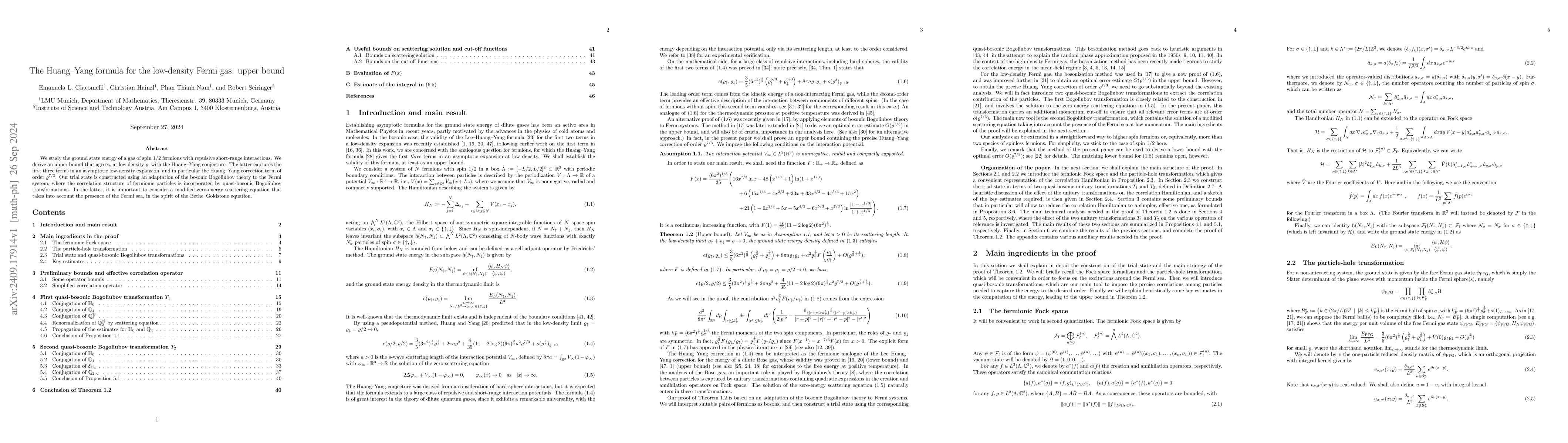 Thumbnail for The Huang-Yang formula for the low-density Fermi gas: upper bound