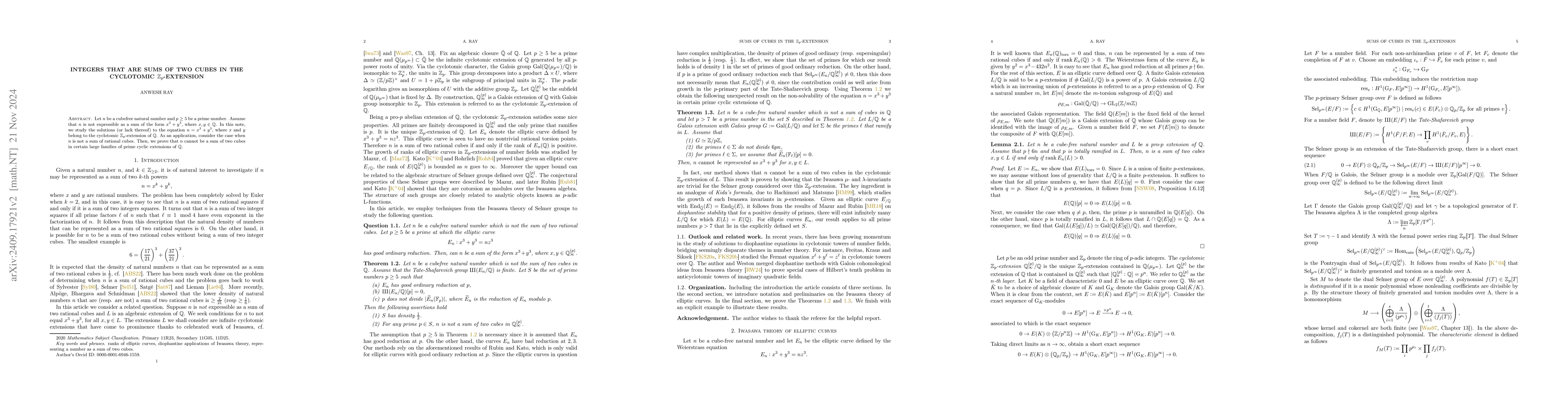 Thumbnail for Integers that are sums of two cubes in the cyclotomic
  $\mathbb{Z}_p$-extension