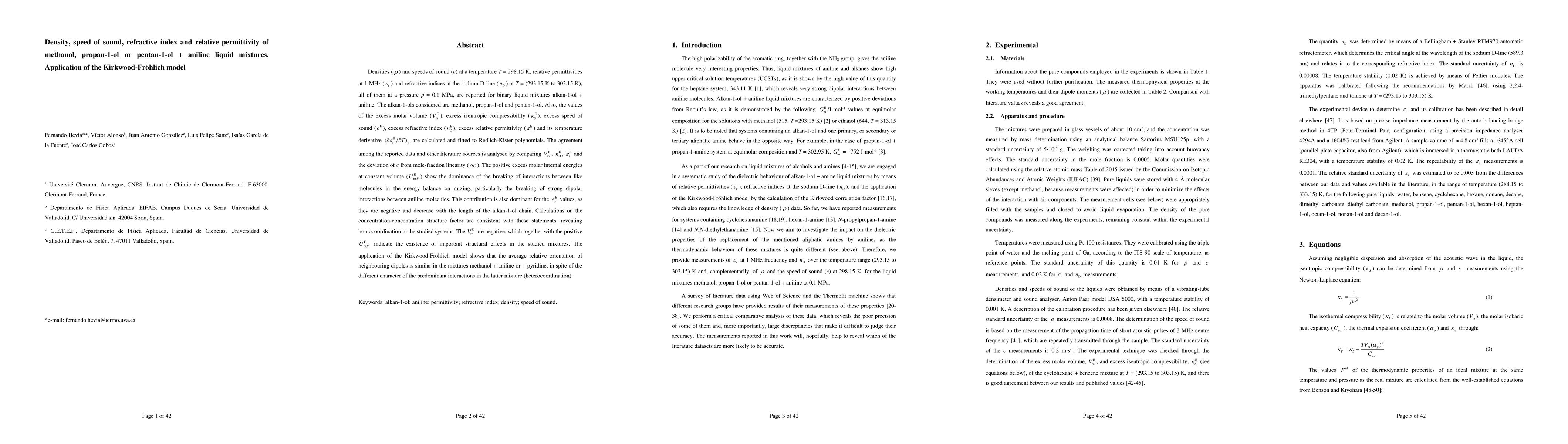 Thumbnail for Density, speed of sound, refractive index and relative permittivity of
  methanol, propan-1-ol or pentan-1-ol + aniline liquid mixtures. Application
  of the Kirkwood-Fröhlich model