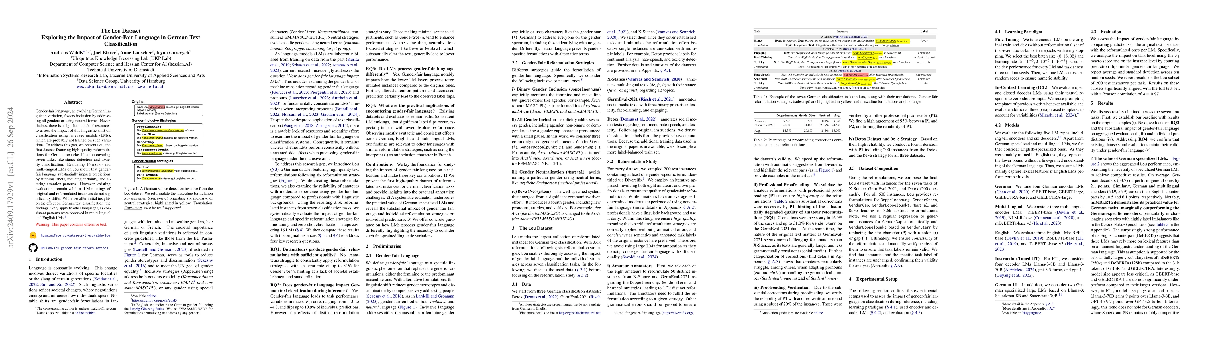 Thumbnail for The Lou Dataset -- Exploring the Impact of Gender-Fair Language in
  German Text Classification