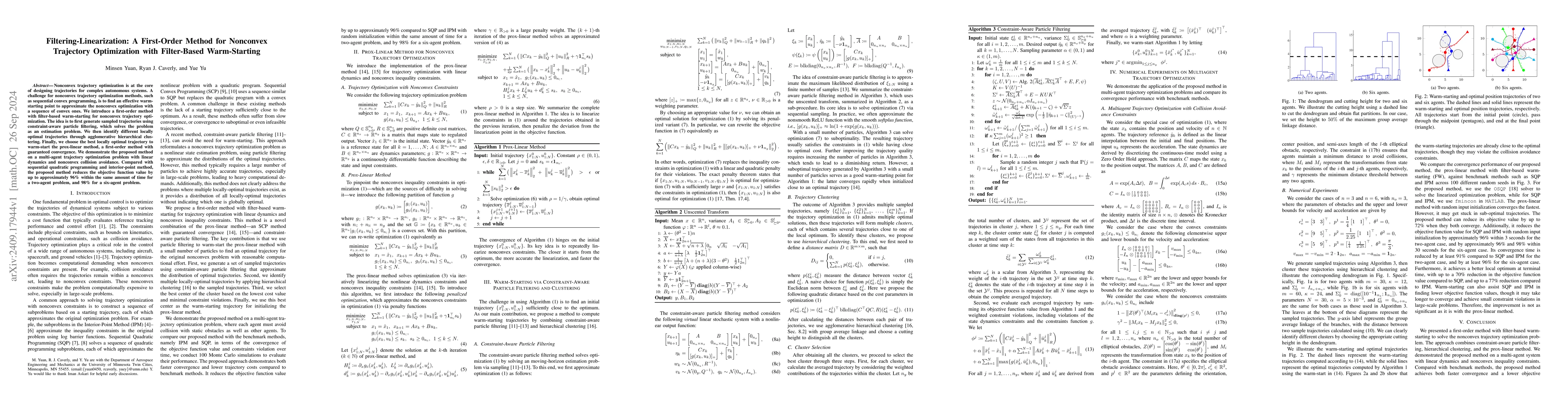 Thumbnail for Filtering-Linearization: A First-Order Method for Nonconvex Trajectory
  Optimization with Filter-Based Warm-Starting