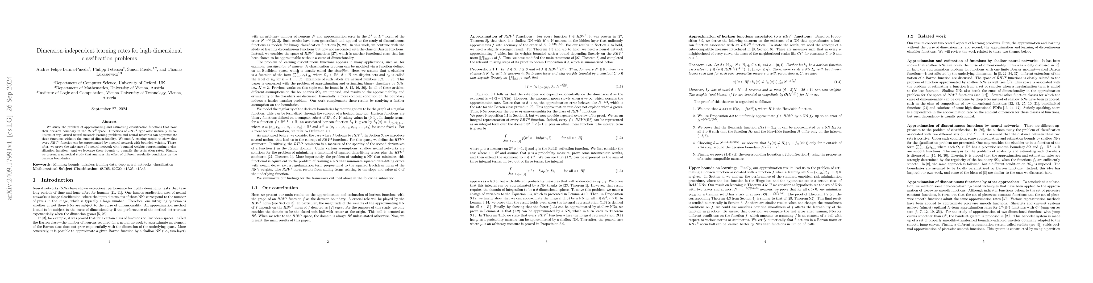 Thumbnail for Dimension-independent learning rates for high-dimensional classification
  problems