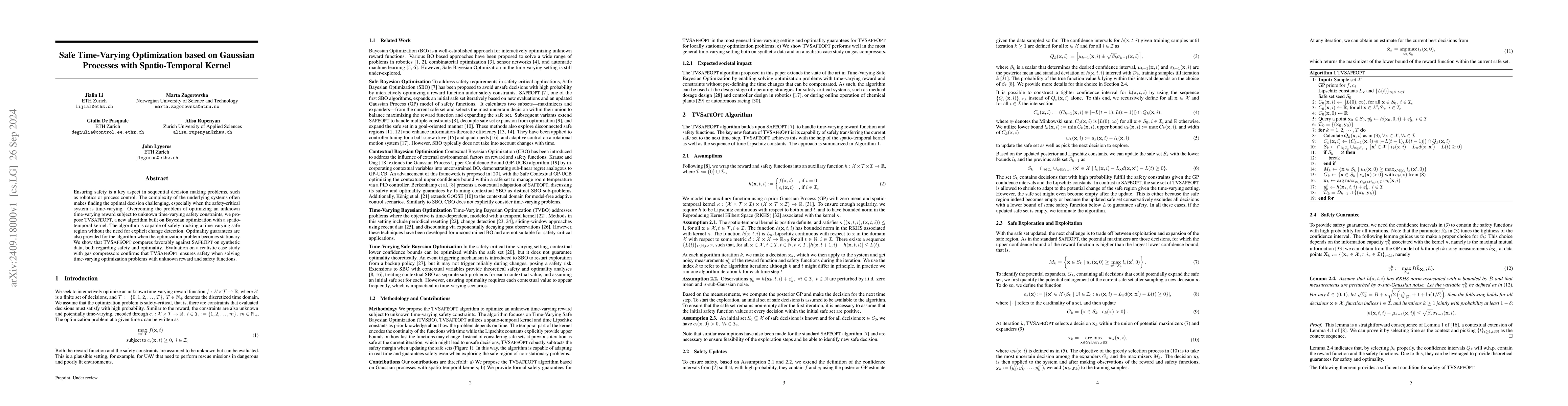 Thumbnail for Safe Time-Varying Optimization based on Gaussian Processes with
  Spatio-Temporal Kernel
