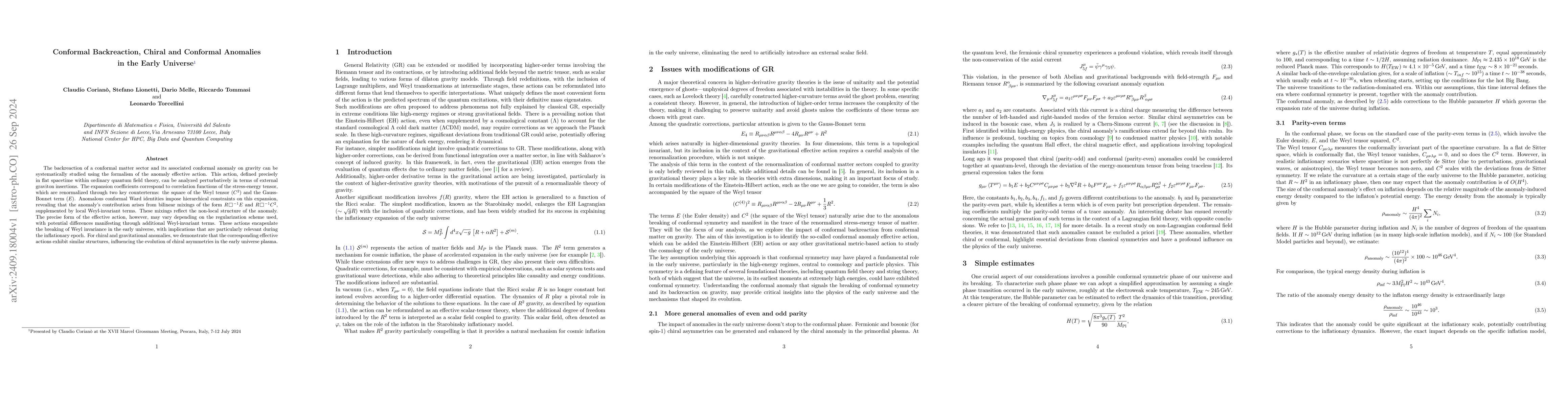 Thumbnail for Conformal Backreaction, Chiral and Conformal Anomalies in the Early
  Universe
