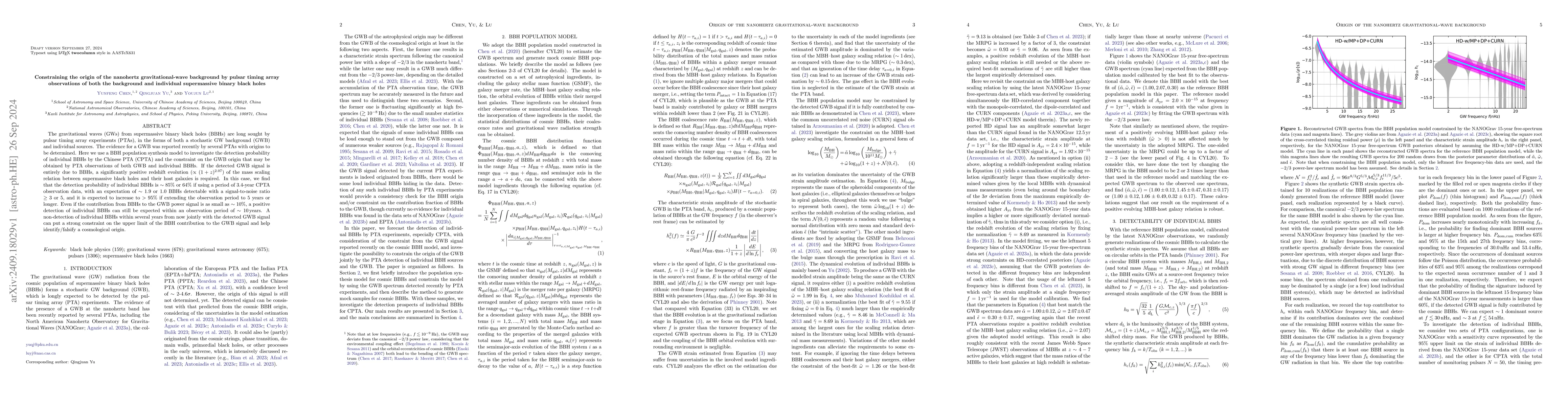 Thumbnail for Constraining the origin of the nanohertz gravitational-wave background
  by pulsar timing array observations of both the background and individual
  supermassive binary black holes