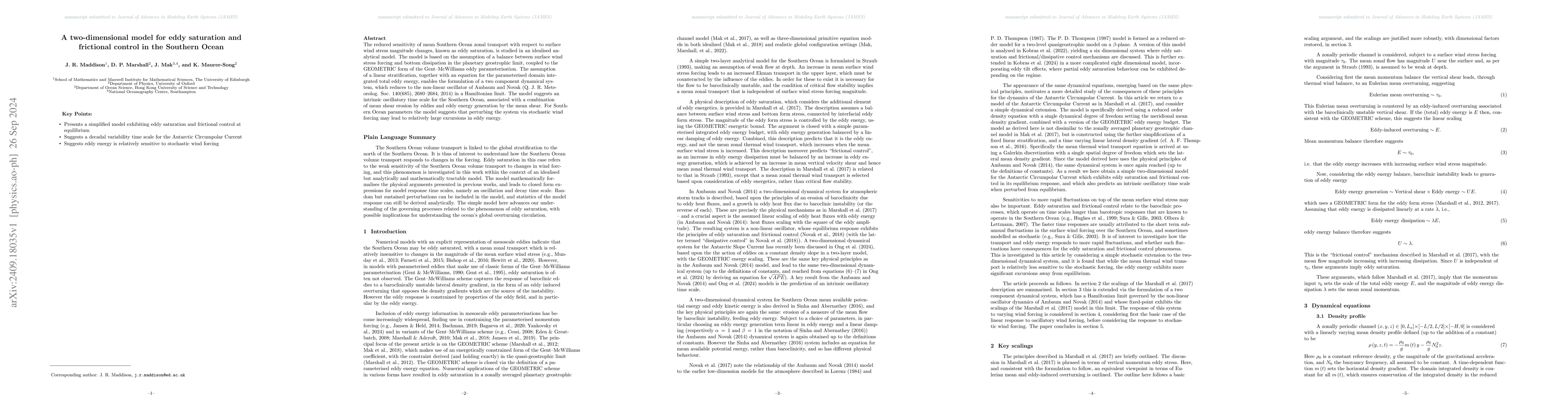 Thumbnail for A two-dimensional model for eddy saturation and frictional control in
  the Southern Ocean